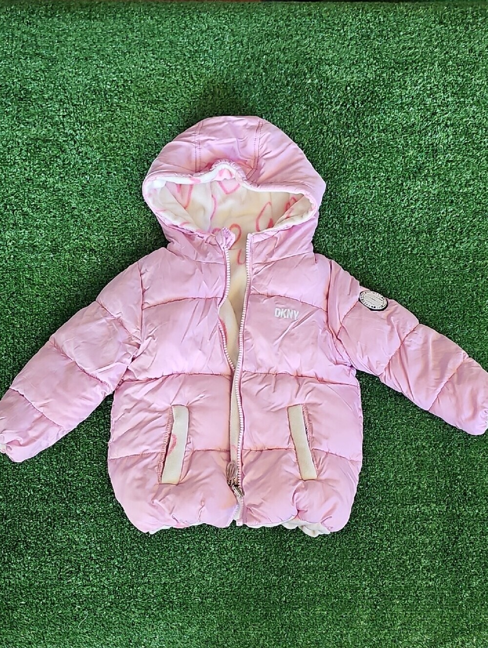 DKNY Light Pink Reversible Hooded Puffer Jacket